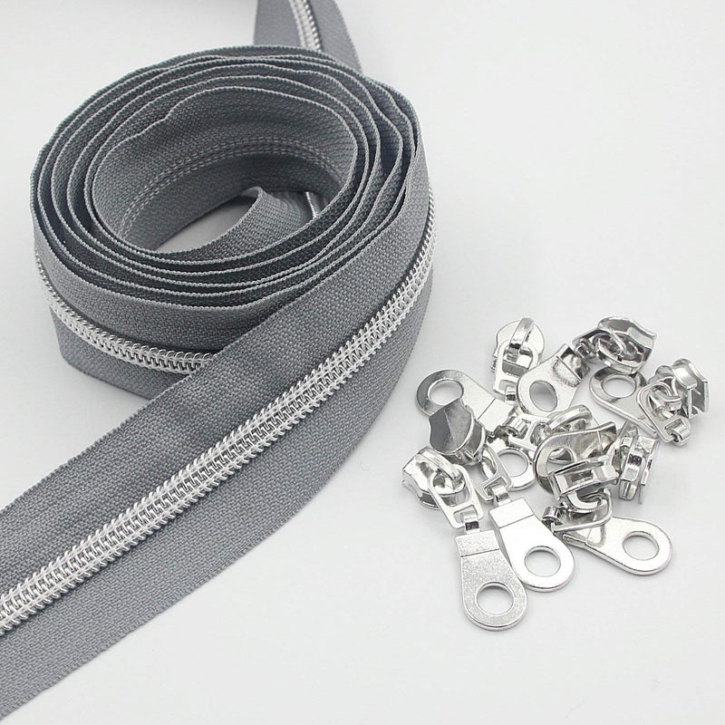 Leekayer #5 Metallic Silver Nylon Coil Zippers by The Yard Bulk 10 Yards Grey Tape with 25pcs Silver Sliders for DIY Sewing Tailor Craft Bag(Grey) - Image 3